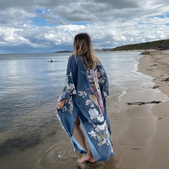 New Gypsy Floral Print Peacock Kimono Maxi Duster Jacket Robe Dusty Blue - Picture 8 of 13